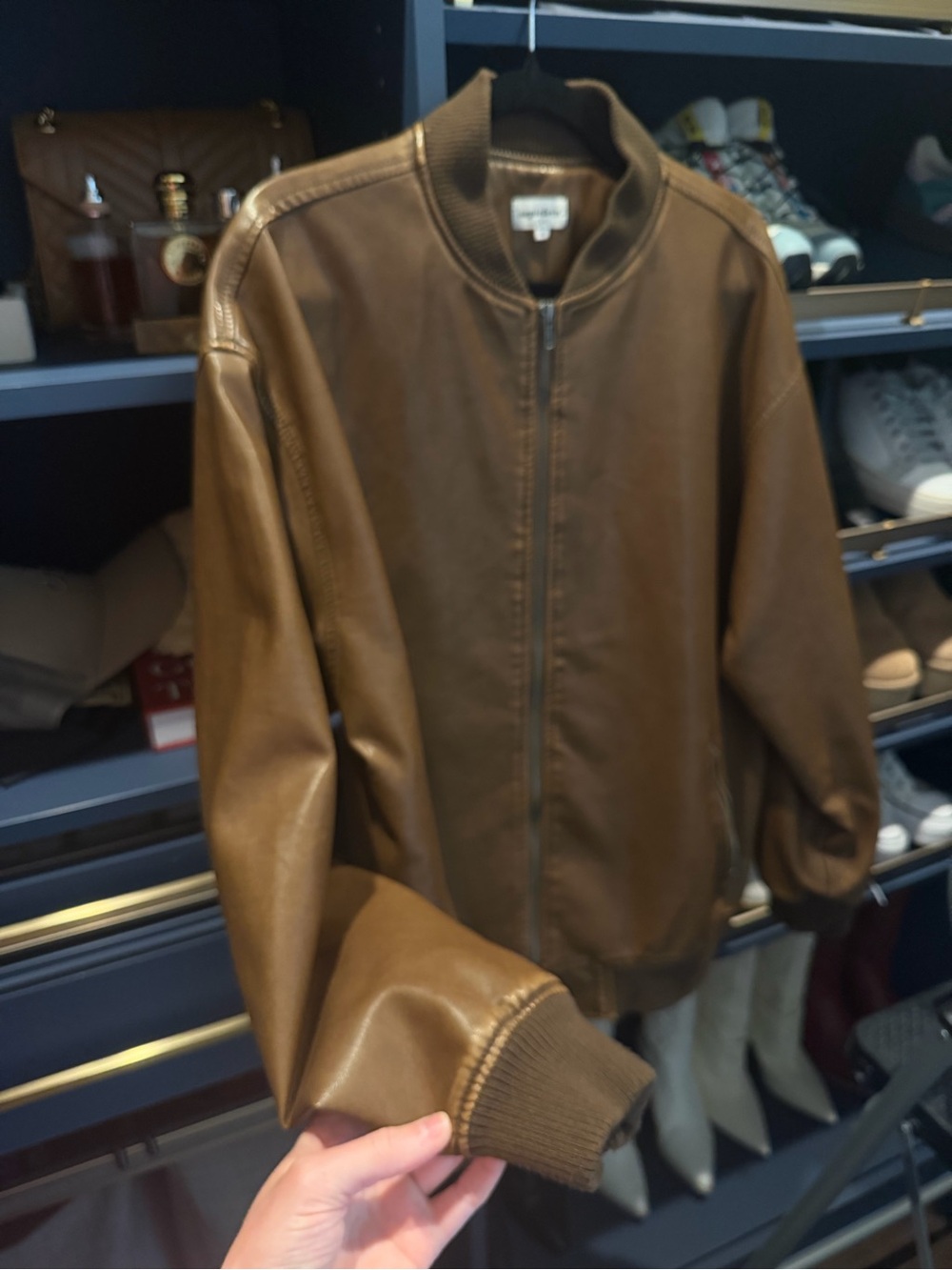 superdown Brown Faux Leather Bomber Jacket